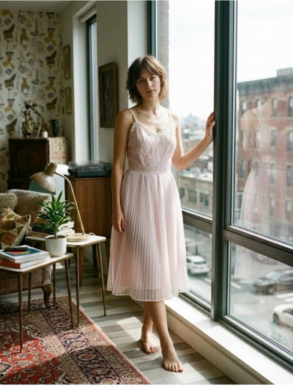 Delicate Vintage Lace & Pleated Midi Dress in Blush Pink